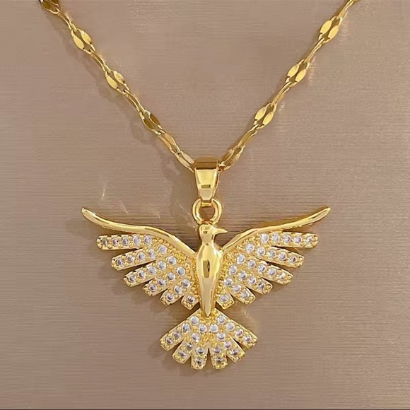 18K Gold Bird Pendant Necklace Phoenix Eagle Choker - Picture 1 of 12